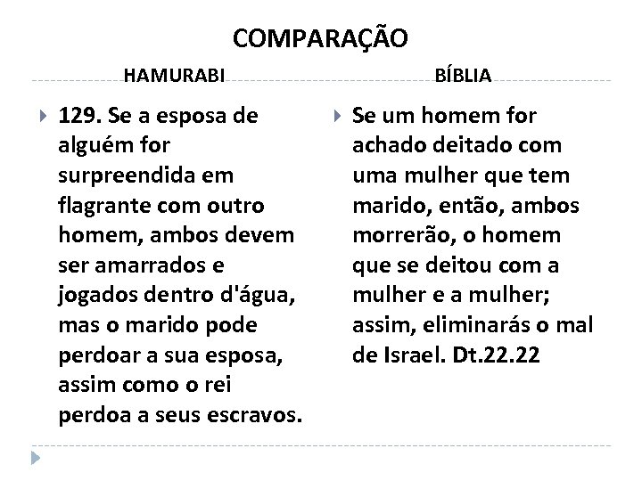 COMPARAÇÃO HAMURABI 129. Se a esposa de alguém for surpreendida em flagrante com outro