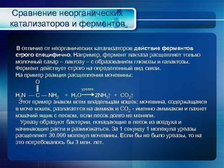 Сравнение неорганических катализаторов и ферментов В отличие от неорганических катализаторов действие ферментов строго специфично.