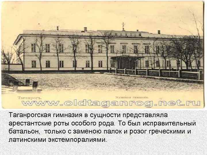 Таганрогская гимназия в сущности представляла арестантские роты особого рода. То был исправительный батальон, только