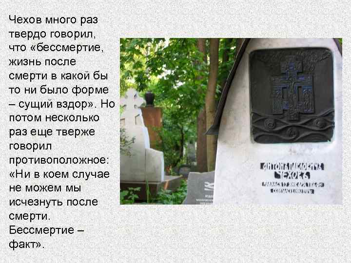 Чехов много раз твердо говорил, что «бессмертие, жизнь после смерти в какой бы то