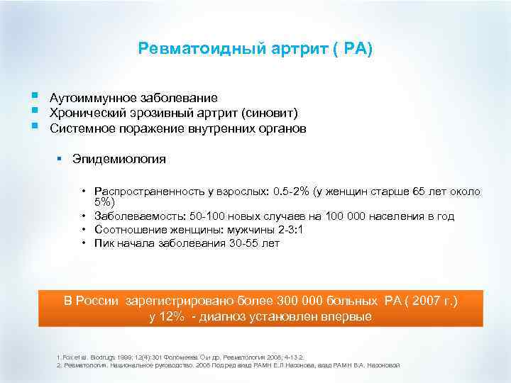 Ревматоидный артрит ( РА) § § § Аутоиммунное заболевание Хронический эрозивный артрит (синовит) Системное