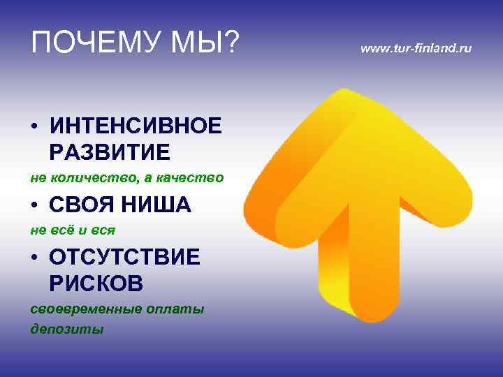 ПОЧЕМУ МЫ? • ИНТЕНСИВНОЕ РАЗВИТИЕ не количество, а качество • СВОЯ НИША не всё