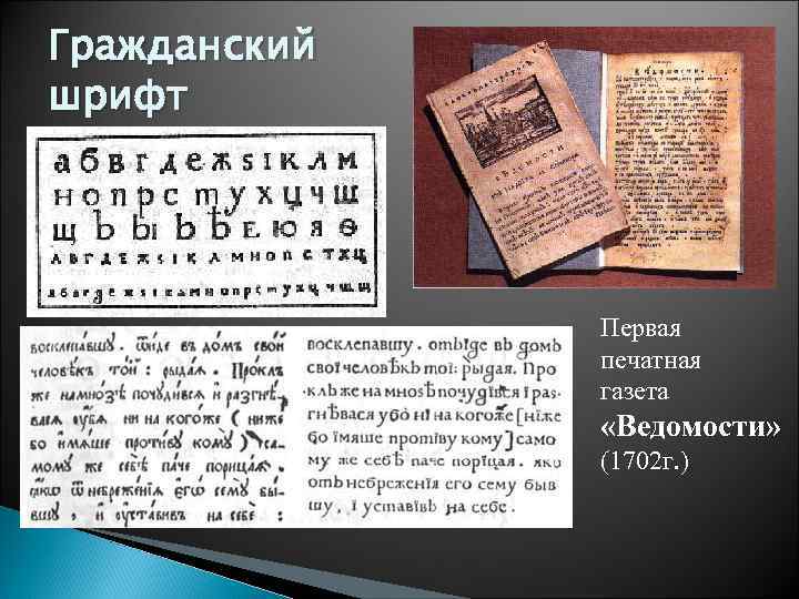 Гражданский шрифт Первая печатная газета «Ведомости» (1702 г. ) 