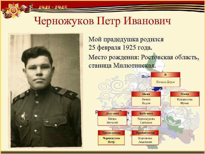 Черножуков Петр Иванович Мой прадедушка родился 25 февраля 1925 года. Место рождения: Ростовская область,