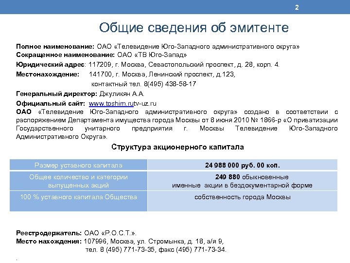 2 Общие сведения об эмитенте Полное наименование: ОАО «Телевидение Юго-Западного административного округа» Сокращенное наименование: