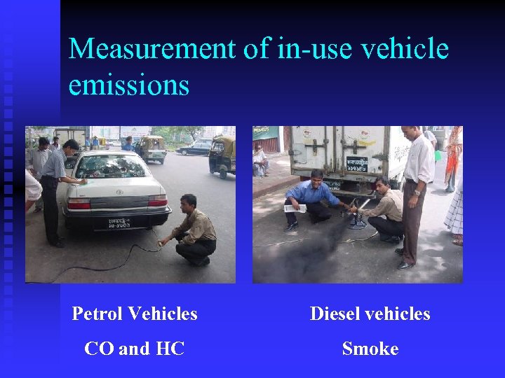 Measurement of in-use vehicle emissions Petrol Vehicles Diesel vehicles CO and HC Smoke 