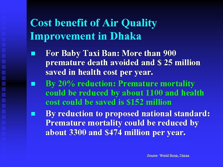 Cost benefit of Air Quality Improvement in Dhaka n n n For Baby Taxi