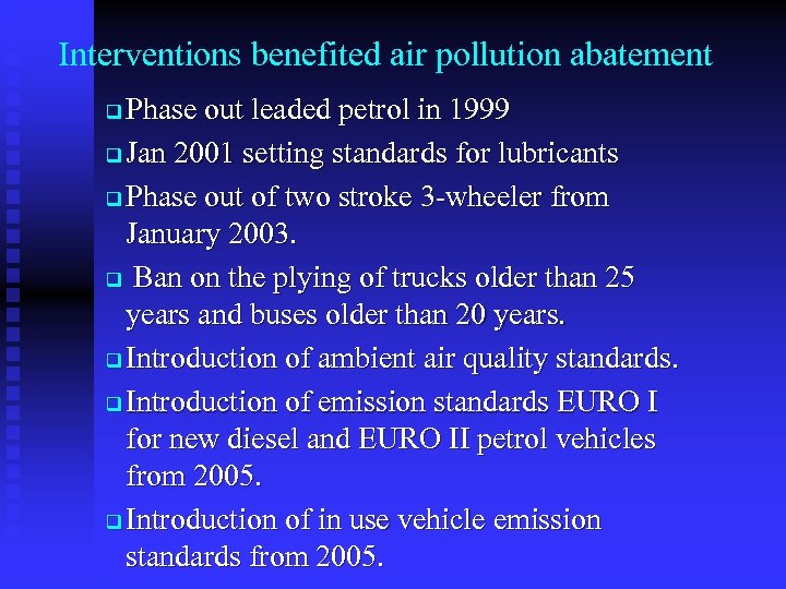  Interventions benefited air pollution abatement Phase out leaded petrol in 1999 q Jan