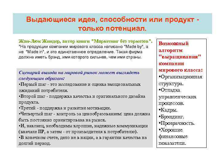 Выдающиеся идея, способности или продукт только потенциал. Жан-Люк Жиндер, автор книги "Маркетинг без тормозов".