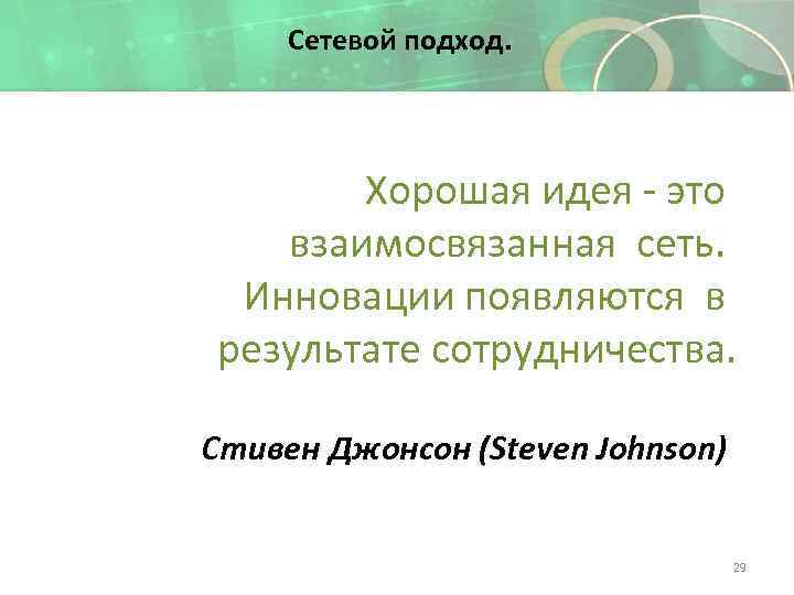 Сетевой подход. Хорошая идея - это взаимосвязанная сеть. Инновации появляются в результате сотрудничества. Стивен
