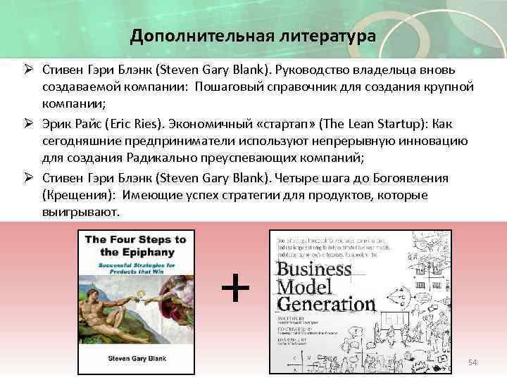 Дополнительная литература Ø Стивен Гэри Блэнк (Steven Gary Blank). Руководство владельца вновь создаваемой компании: