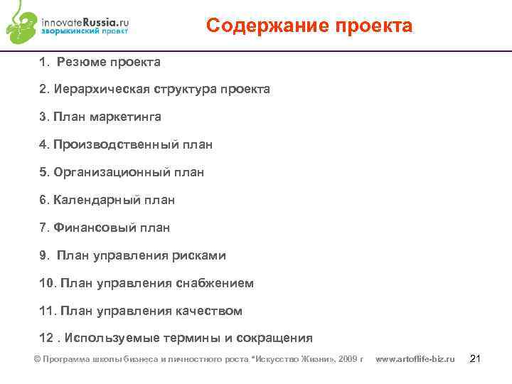 Содержание проекта 1. Резюме проекта 2. Иерархическая структура проекта 3. План маркетинга 4. Производственный