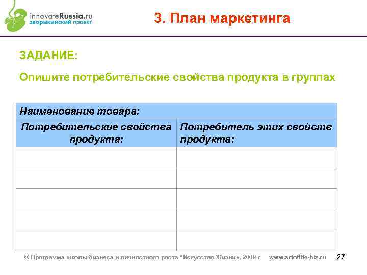 3. План маркетинга ЗАДАНИЕ: Опишите потребительские свойства продукта в группах Наименование товара: Потребительские свойства