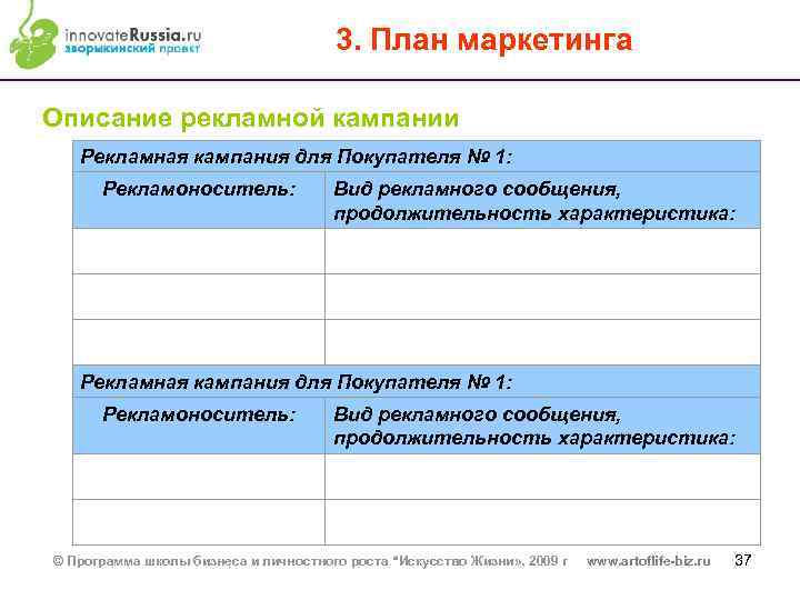 3. План маркетинга Описание рекламной кампании Рекламная кампания для Покупателя № 1: Рекламоноситель: Вид