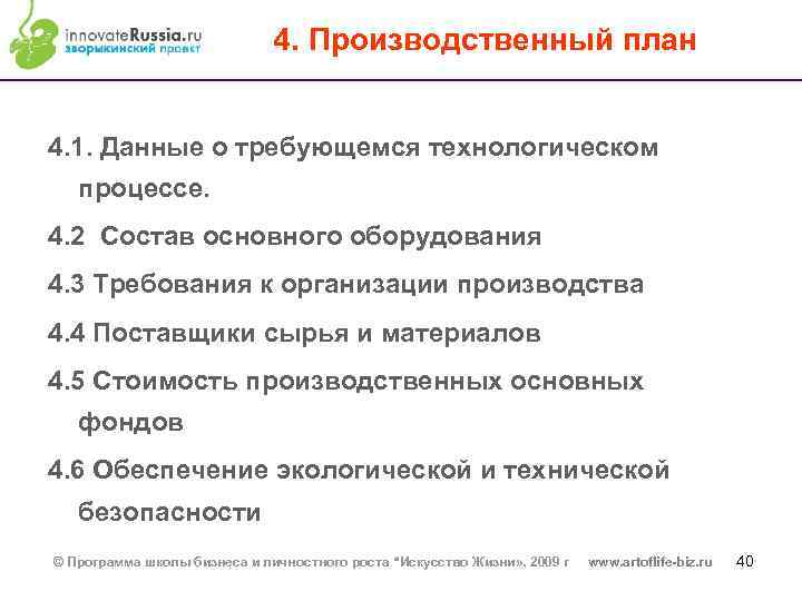 4. Производственный план 4. 1. Данные о требующемся технологическом процессе. 4. 2 Состав основного