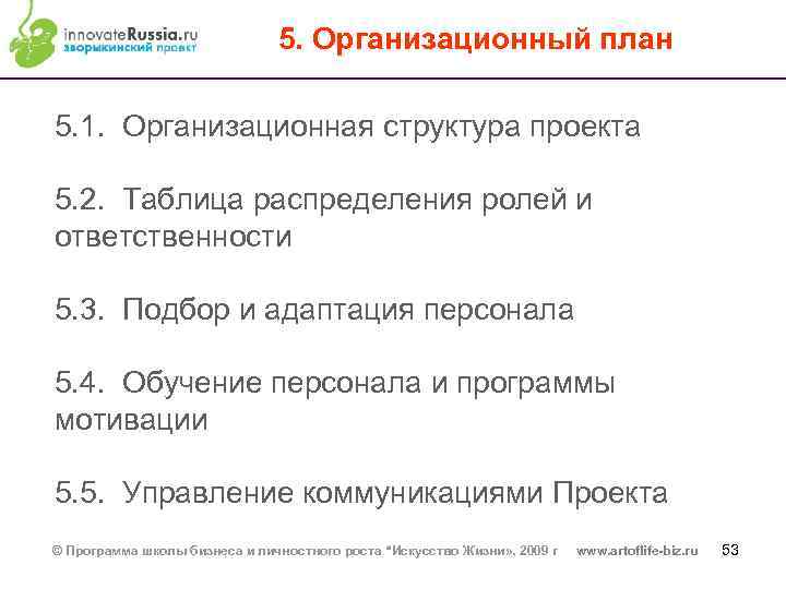 5. Организационный план 5. 1. Организационная структура проекта 5. 2. Таблица распределения ролей и