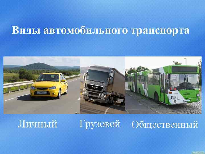 Виды автомобильного транспорта Личный Грузовой Общественный 