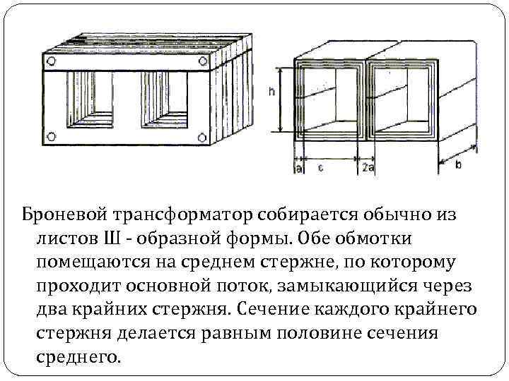 Броневой трансформатор собирается обычно из листов Ш - образной формы. Обе обмотки помещаются на