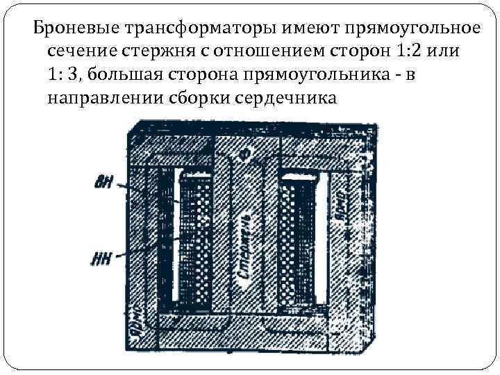 Броневые трансформаторы имеют прямоугольное сечение стержня с отношением сторон 1: 2 или 1: 3,