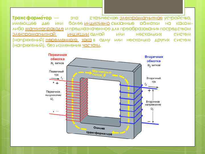 Трансформа тор — это статическое электромагнитное устройство, имеющее две или более индуктивно связанные обмотки