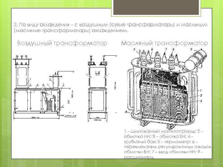 2. По виду охлаждения – с воздушным (сухие трансформаторы) и масляным (масляные трансформаторы) охлаждением.