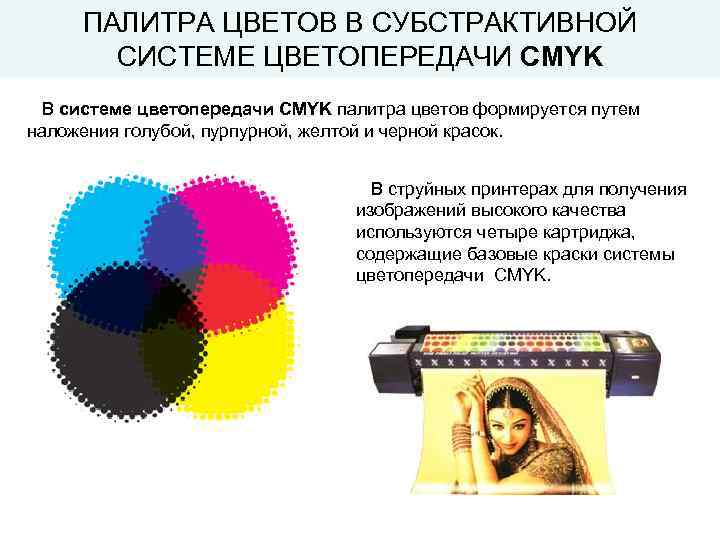ПАЛИТРА ЦВЕТОВ В СУБСТРАКТИВНОЙ СИСТЕМЕ ЦВЕТОПЕРЕДАЧИ CMYK В системе цветопередачи CMYK палитра цветов формируется