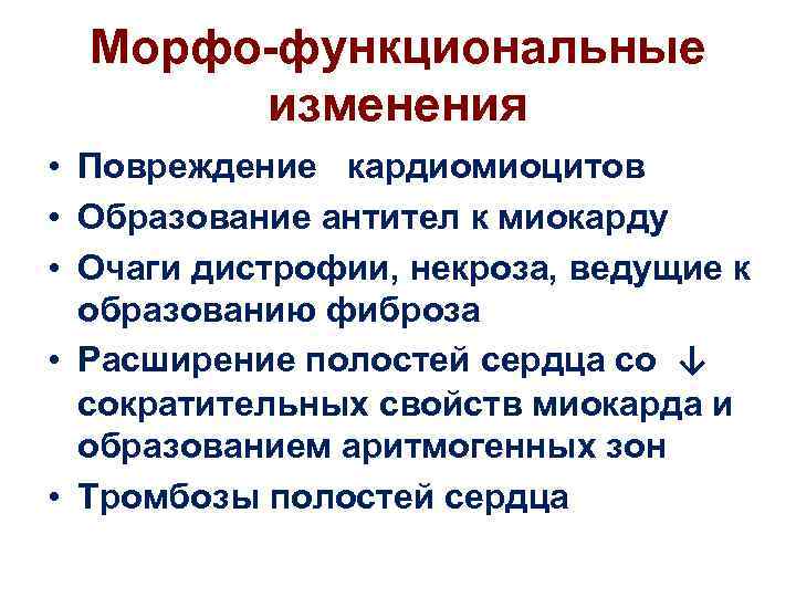 Морфо-функциональные изменения • Повреждение кардиомиоцитов • Образование антител к миокарду • Очаги дистрофии, некроза,