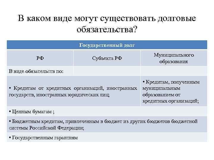 В каком виде могут существовать долговые обязательства? Государственный долг РФ Субъекта РФ Муниципального образования