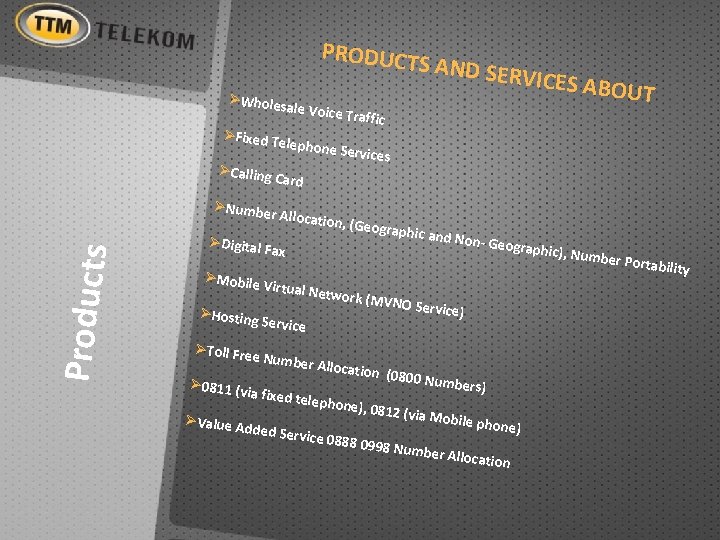 PRODUCT S AND SE RVICES AB OUT ØWholes ale Voice T raffic ØFixed Te