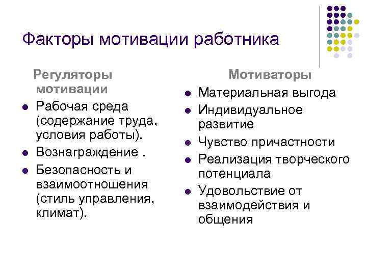 Факторы мотивации работника Регуляторы мотивации l Рабочая среда (содержание труда, условия работы). l Вознаграждение.