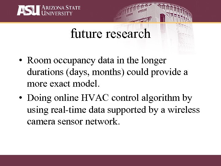 future research • Room occupancy data in the longer durations (days, months) could provide