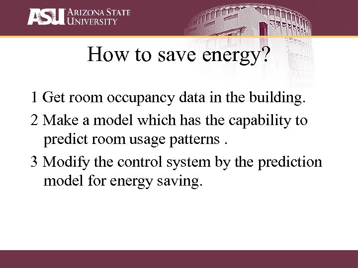 How to save energy? 1 Get room occupancy data in the building. 2 Make