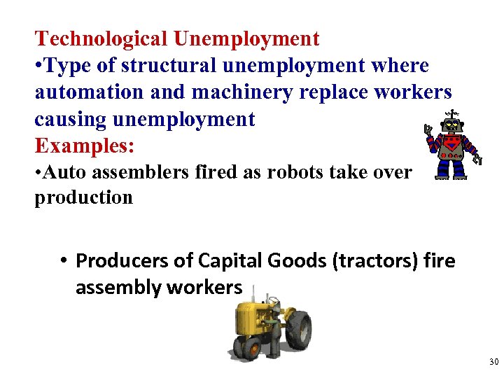 Technological Unemployment • Type of structural unemployment where automation and machinery replace workers causing