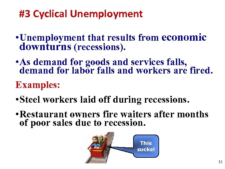 #3 Cyclical Unemployment • Unemployment that results from economic downturns (recessions). • As demand