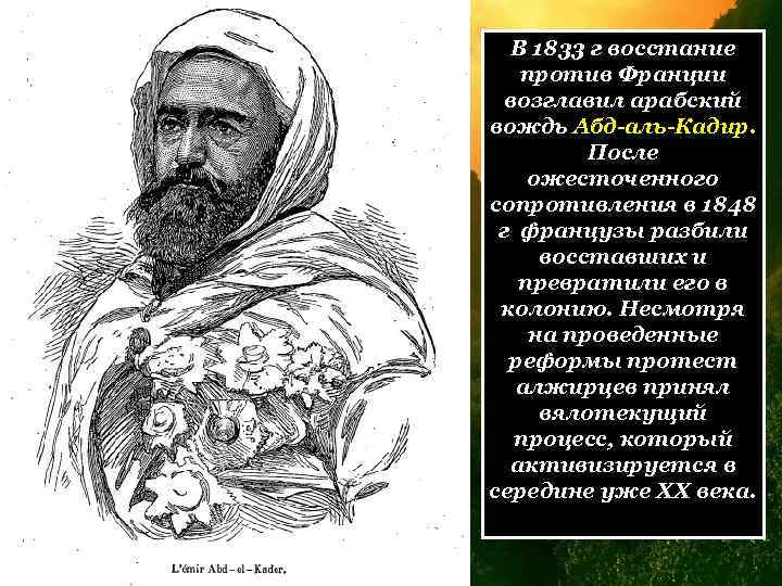 В 1833 г восстание против Франции возглавил арабский вождь Абд-аль-Кадир. После ожесточенного сопротивления в