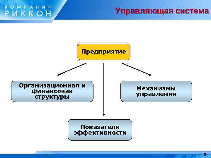 Управляющая система Предприятие Организационная и финансовая структуры Механизмы управления Показатели эффективности 8 
