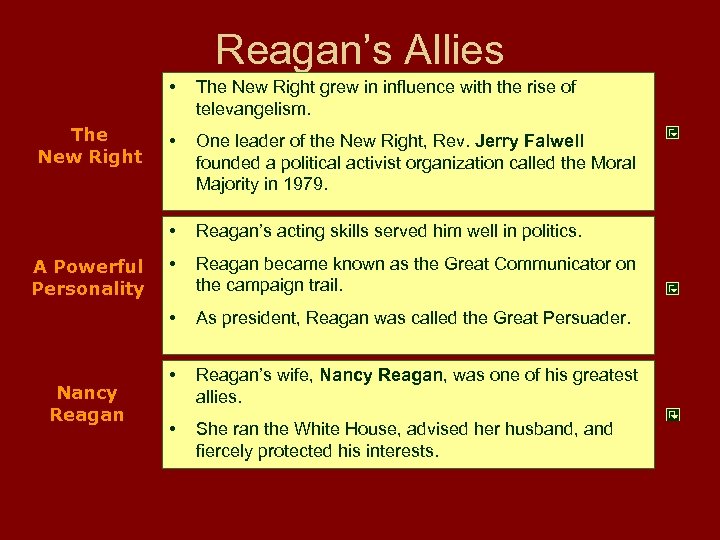 Reagan’s Allies • Nancy Reagan One leader of the New Right, Rev. Jerry Falwell