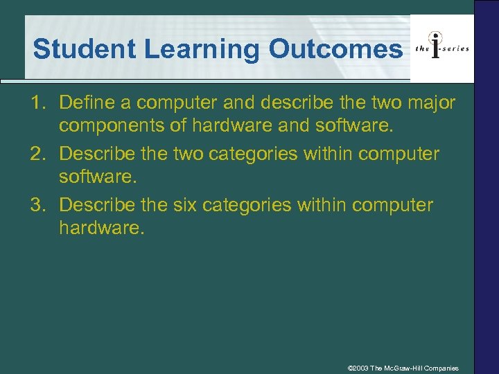 Student Learning Outcomes 1. Define a computer and describe the two major components of