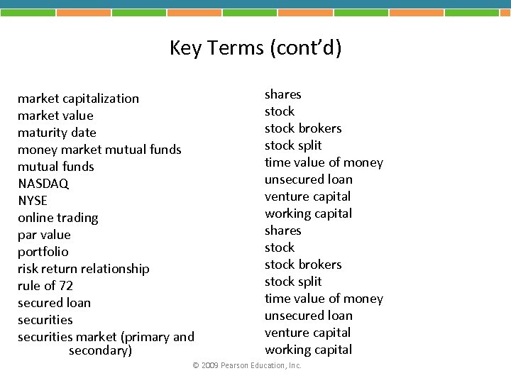 Key Terms (cont’d) market capitalization market value maturity date money market mutual funds NASDAQ