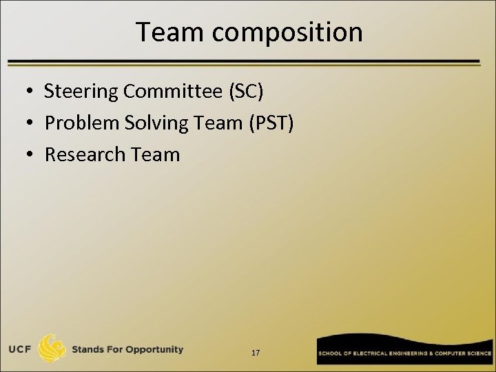 Team composition • Steering Committee (SC) • Problem Solving Team (PST) • Research Team