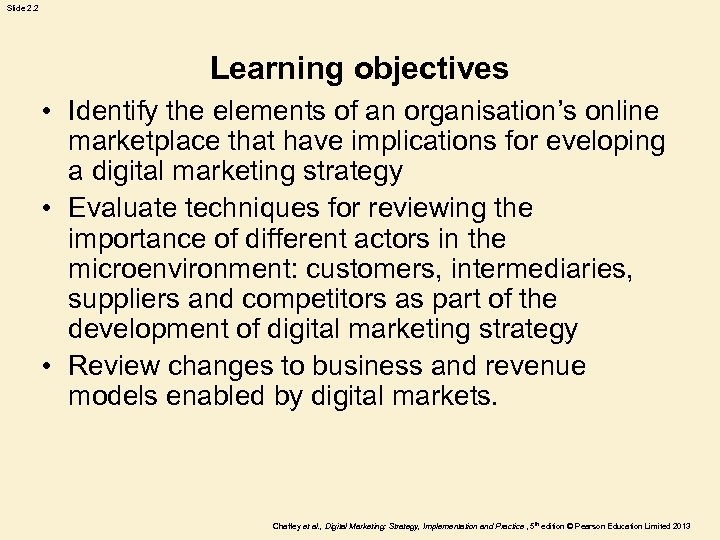 Slide 2. 2 Learning objectives • Identify the elements of an organisation’s online marketplace