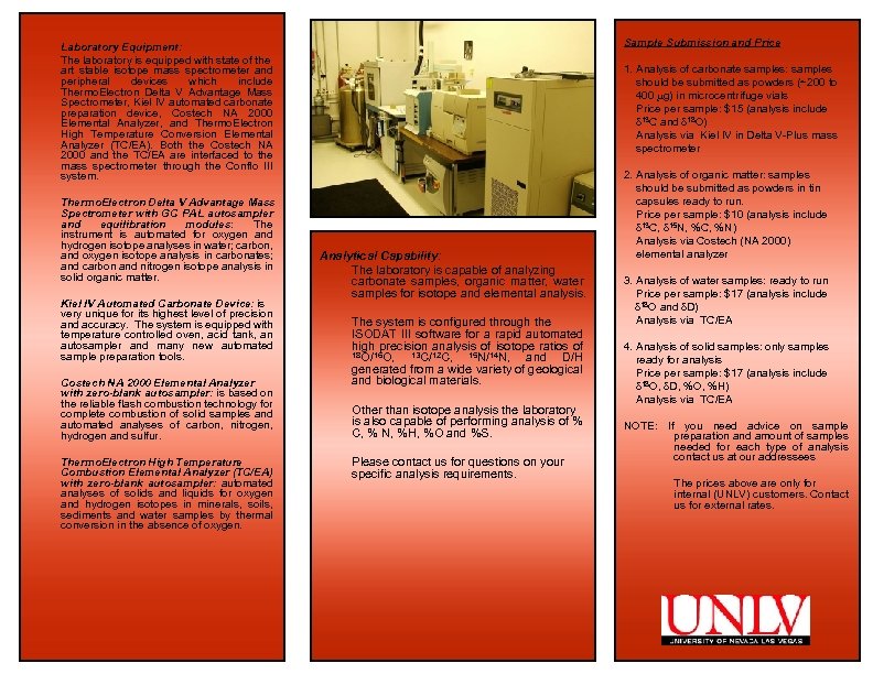 Sample Submission and Price Laboratory Equipment: The laboratory is equipped with state of the