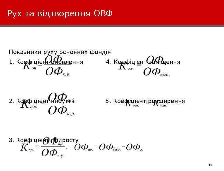 Рух та відтворення ОВФ Показники руху основних фондів: 1. Коефіцієнт оновлення 4. Коефіцієнт заміщення