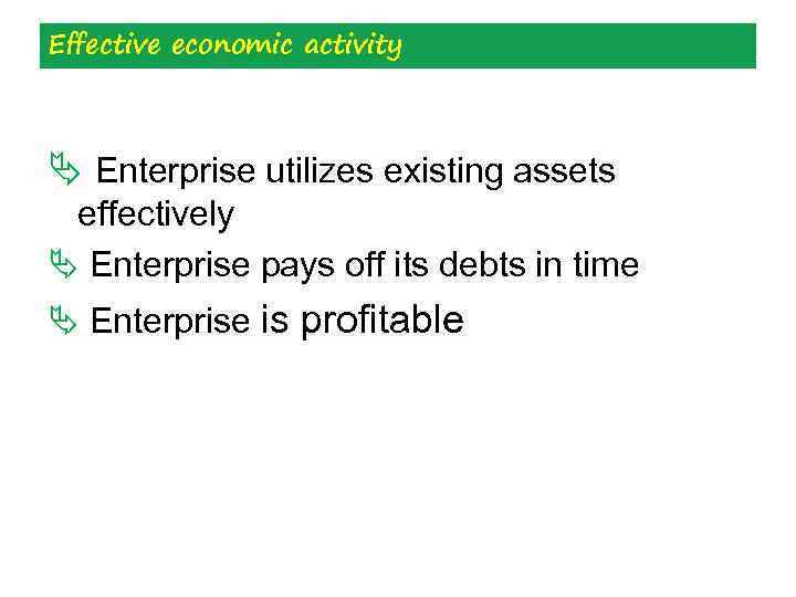 Effective economic activity Ä Enterprise utilizes existing assets effectively Ä Enterprise pays off its