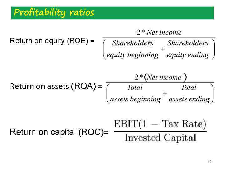Profitability ratios Return on equity (ROE) = Return on assets (ROA) = Return on