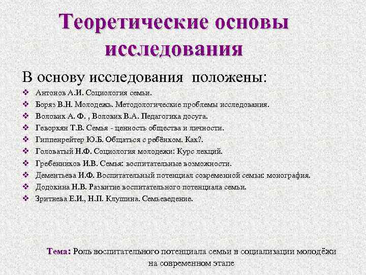 Теоретические основы исследования В основу исследования положены: v v v v v Антонов А.
