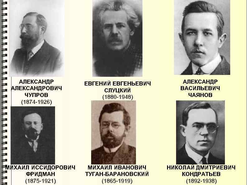 АЛЕКСАНДРОВИЧ ЧУПРОВ (1874 -1926) МИХАИЛ ИССИДОРОВИЧ ФРИДМАН (1875 -1921) ЕВГЕНИЙ ЕВГЕНЬЕВИЧ СЛУЦКИЙ (1880 -1948)