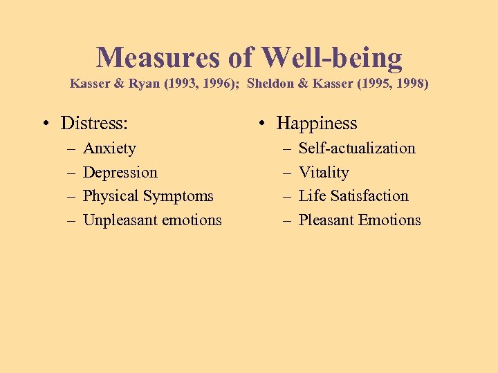 Measures of Well-being Kasser & Ryan (1993, 1996); Sheldon & Kasser (1995, 1998) •