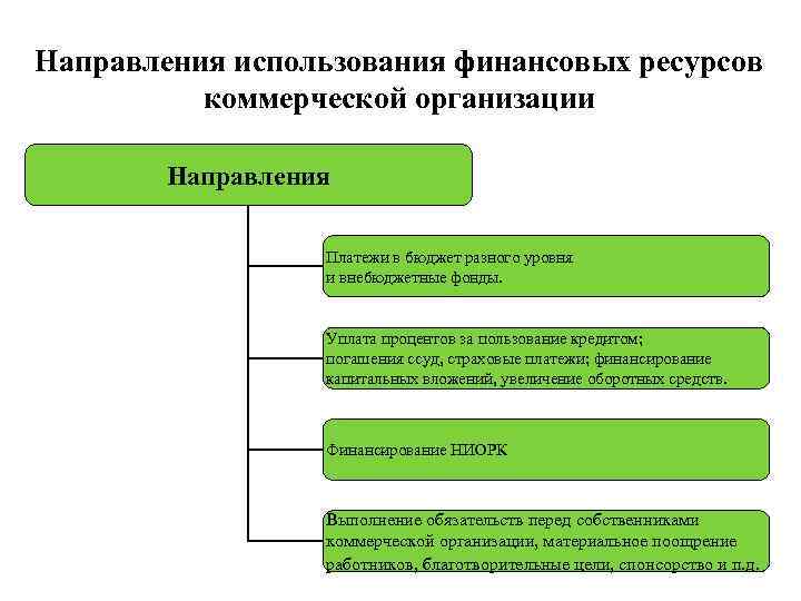 Направления использования финансовых ресурсов коммерческой организации Направления Платежи в бюджет разного уровня и внебюджетные