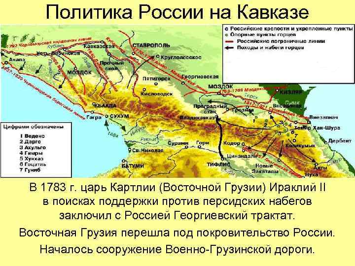 Политика России на Кавказе В 1783 г. царь Картлии (Восточной Грузии) Ираклий II в